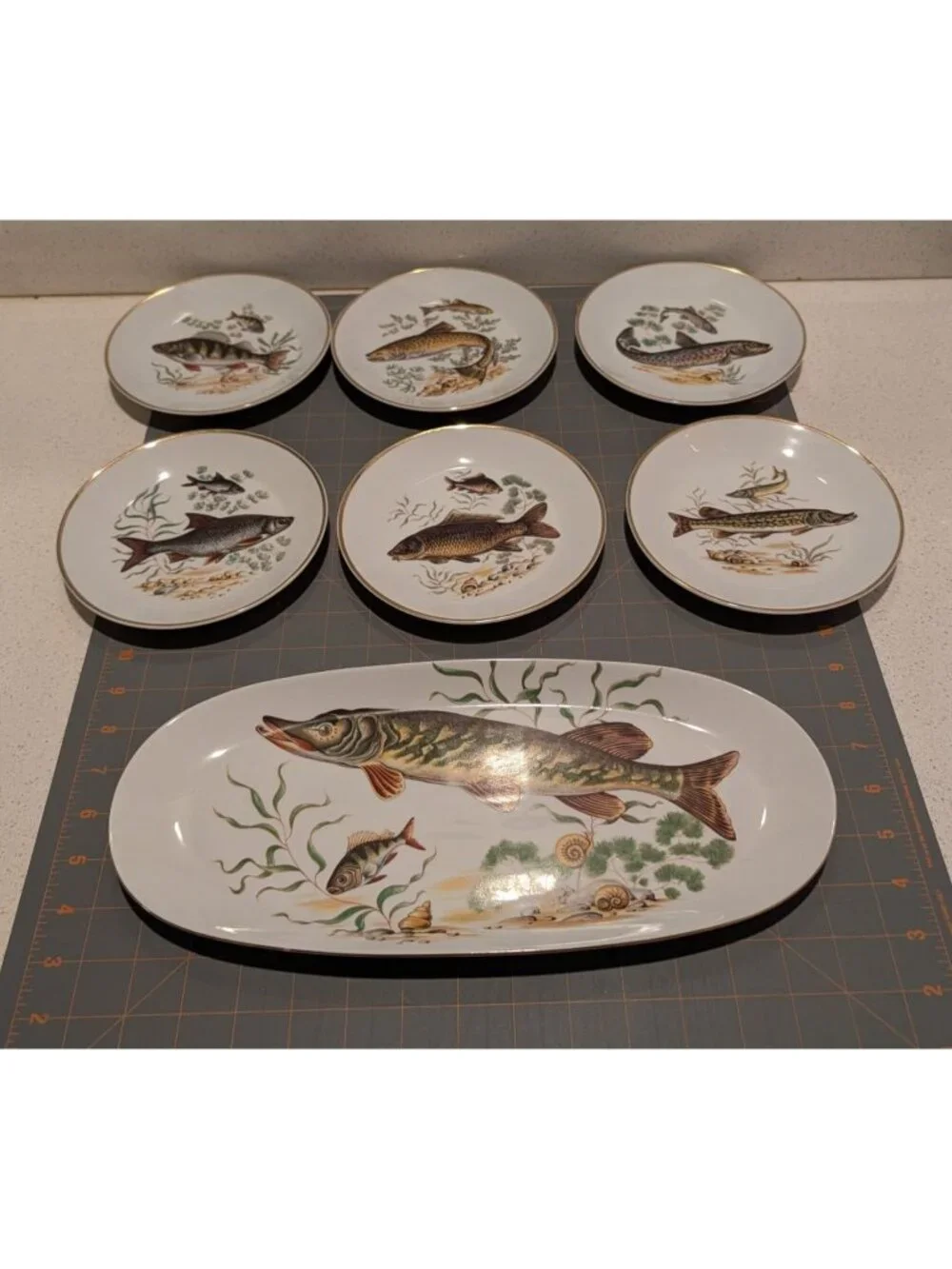 Vtg Fish Porcelain Serving Plate & Appetizer Dish Set - (6) Awesome Colors